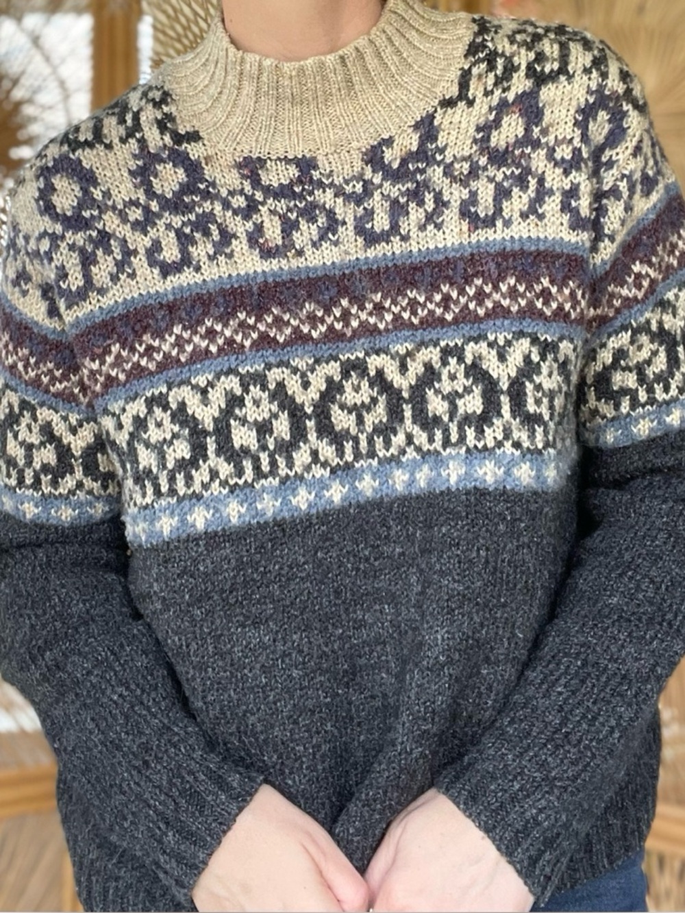 Vintage Classic Elements Wool Blend Neutral Tan Grey Mockneck Sweater L